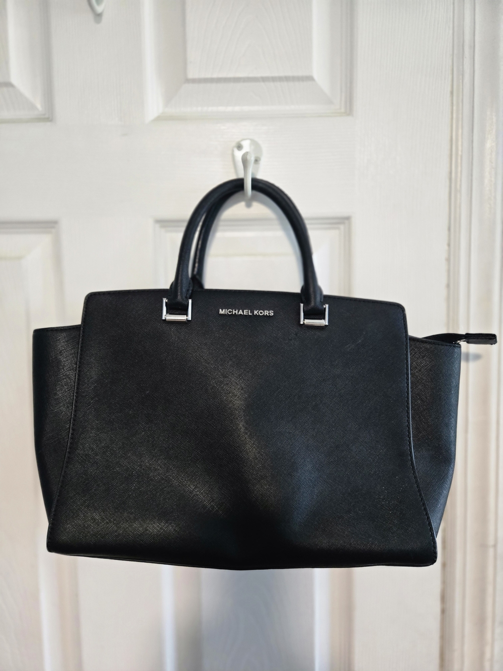 Michael Kors Black Selma Satchel with Top Handles and Silver Hardware
